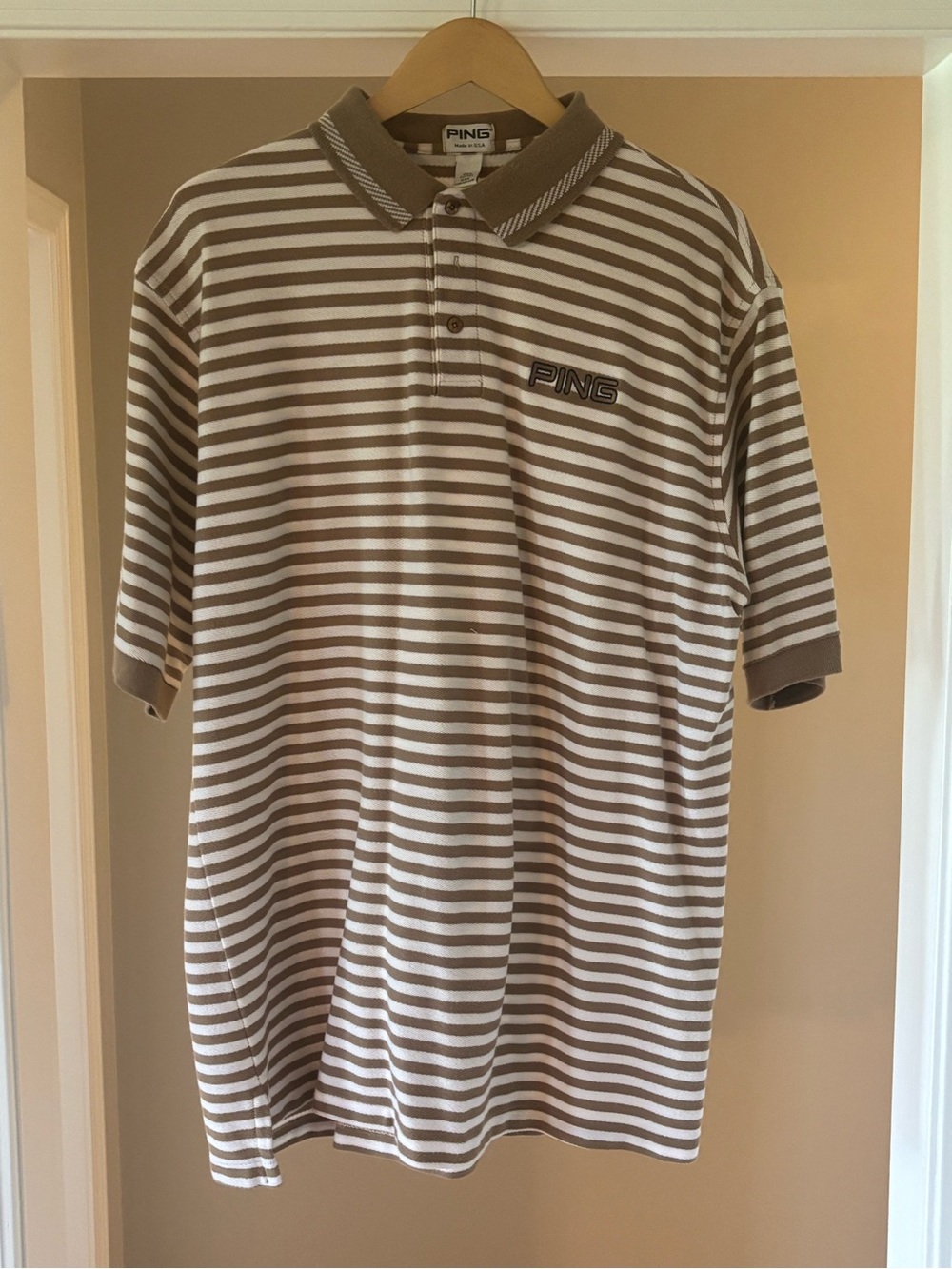PING Men's Brown and White Striped Polo Shirt